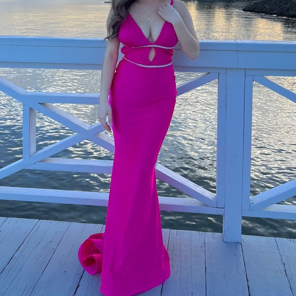 Hot Pink V Neck Plunge Embellished Mermaid Prom Dress - Picture 4 of 6